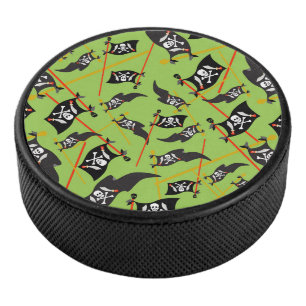 Black Pirate Flag Skulls White Bones Raiding Hockey Puck