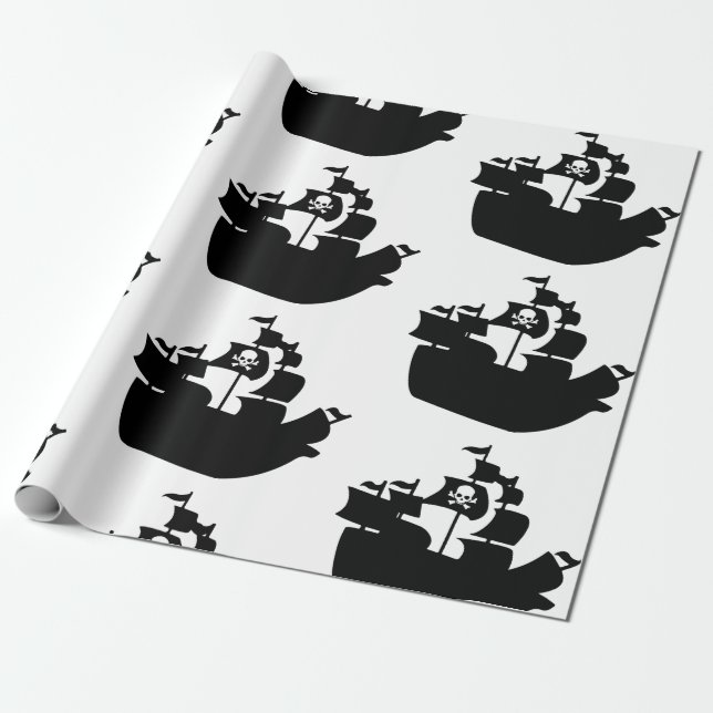 Black Pirate Ship Silhouette Wrapping Paper (Unrolled)