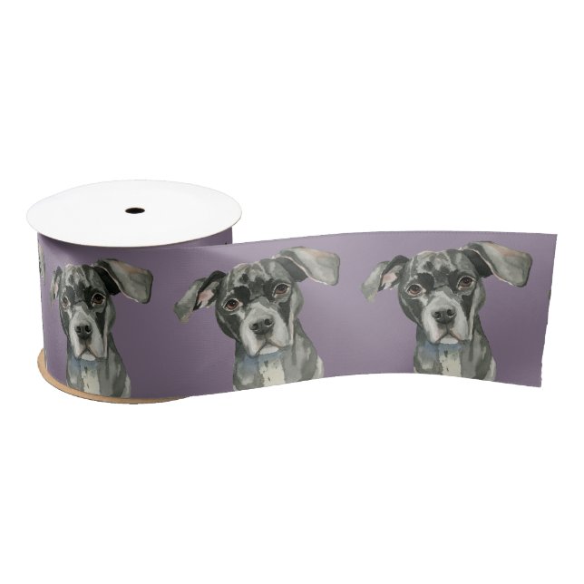 Black Pit Bull Dog Watercolor Portrait Satin Ribbon (Spool)