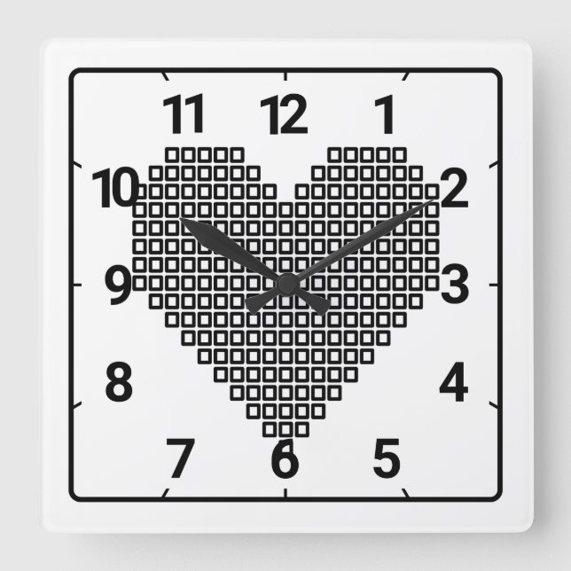 Black pixelated heart square wall clock (Front)