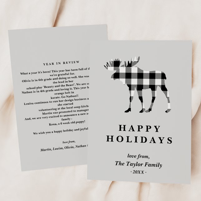 Black Plaid Christmas Moose Family Newsletter Holiday Card (Creator Uploaded)
