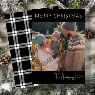 Black Plaid Christmas   Photo Gold  Foil Holiday Card