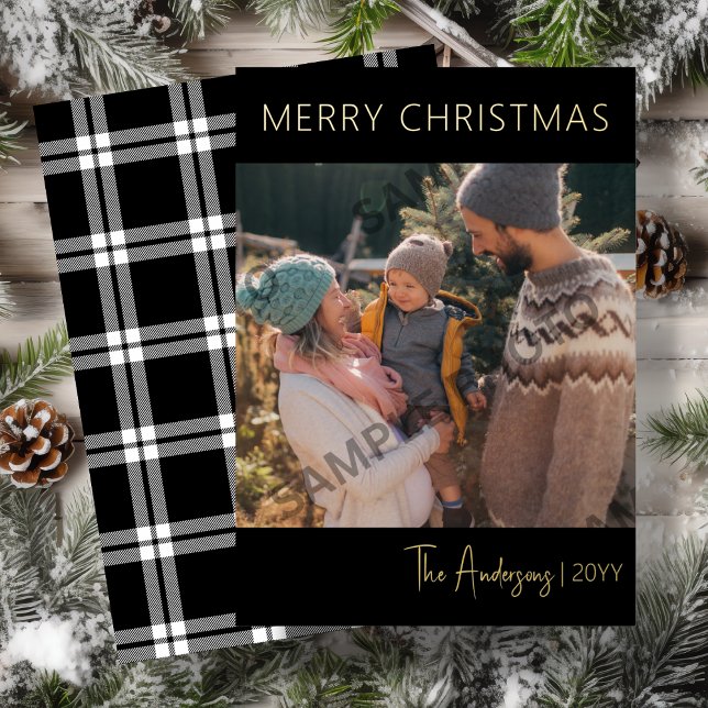 Black Plaid Christmas | Photo Gold  Foil Holiday Card (Creator Uploaded)
