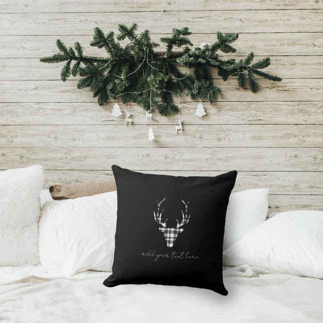 Black Plaid Deer Christmas Cushion (rustic elegant personalized christmas throw pillow. black plaid deer design)