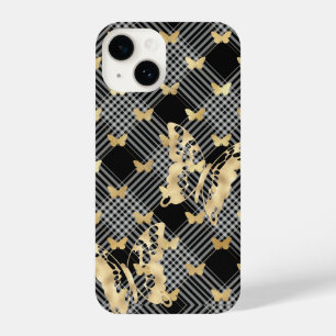Black Plaid Golden Butterflies iPhone 14 Cases