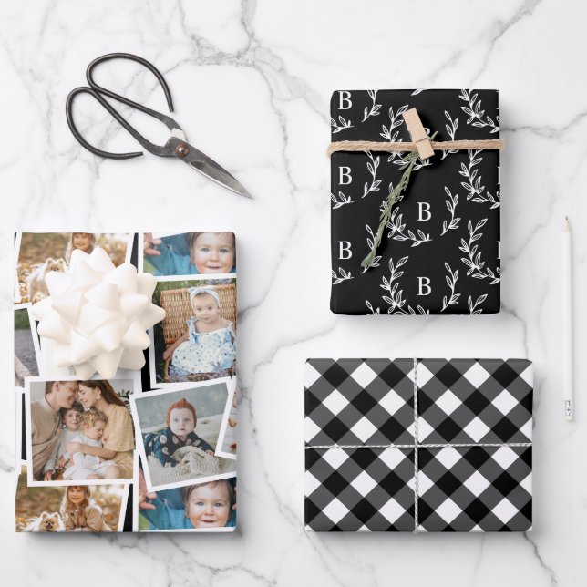 Black Plaid Monogram and Photo Collage Wrapping Paper Sheet (Front)