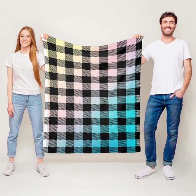Black plaid pattern on pastel colours ombre fleece blanket (In Situ)