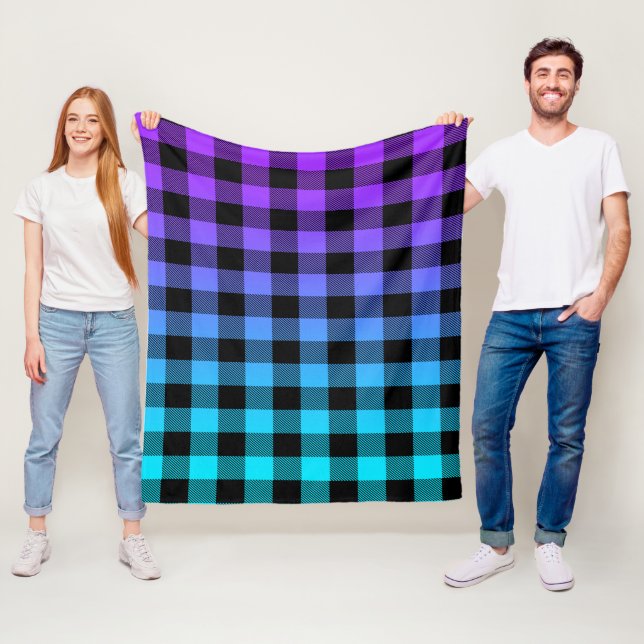 Black plaid pattern purple to turquoise ombre fleece blanket (In Situ)