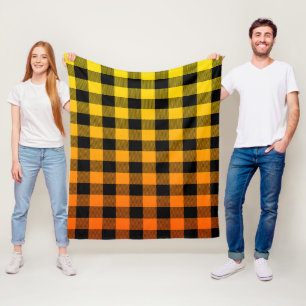 Black plaid pattern yellow to orange ombre fleece blanket