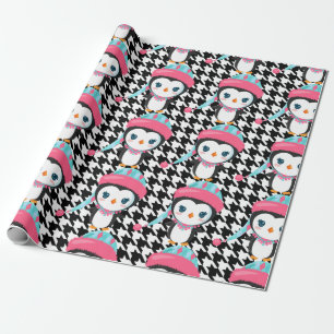 Black  Plaid Pink Penguin Wrapping Paper