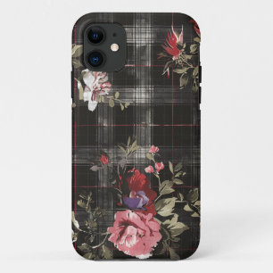 Black Plaid Red Roses iPhone 11 Case