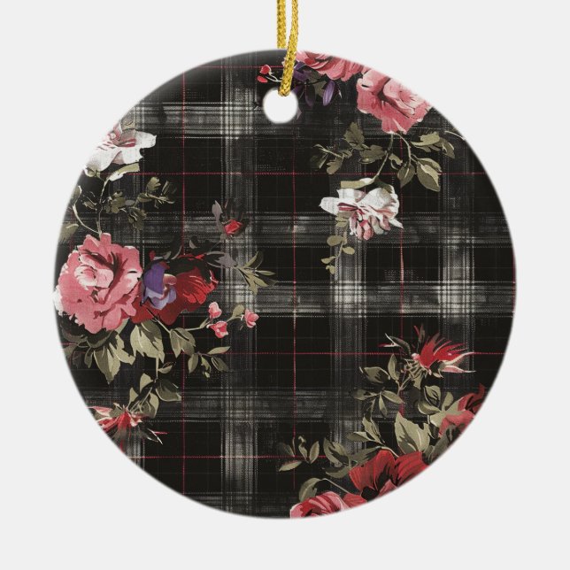 Black Plaid Red Roses Ceramic Ornament (Front)