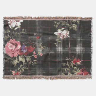 Black Plaid Red Roses Throw Blanket