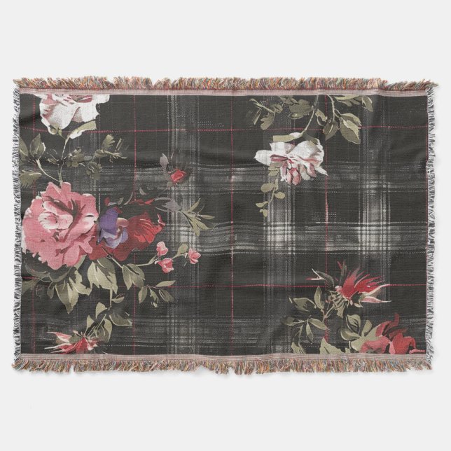 Black Plaid Red Roses Throw Blanket (Front)