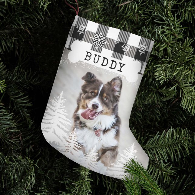 Black Plaid Rustic Pine Trees Dog Bone Pet Photo Small Christmas Stocking (Creator Uploaded)