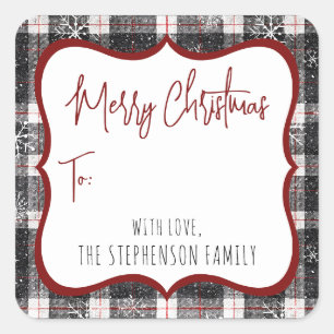Black Plaid Snowflakes Christmas To From Square Sticker