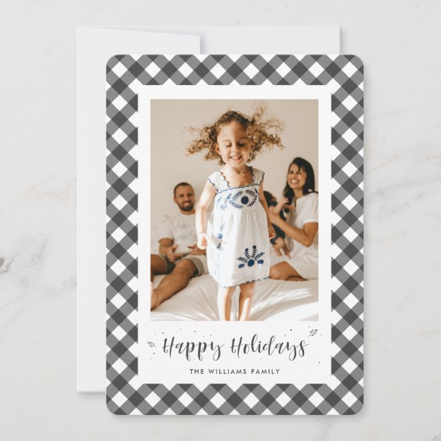 Black Plaid Typography Photo Happy Holiday Card (Front)