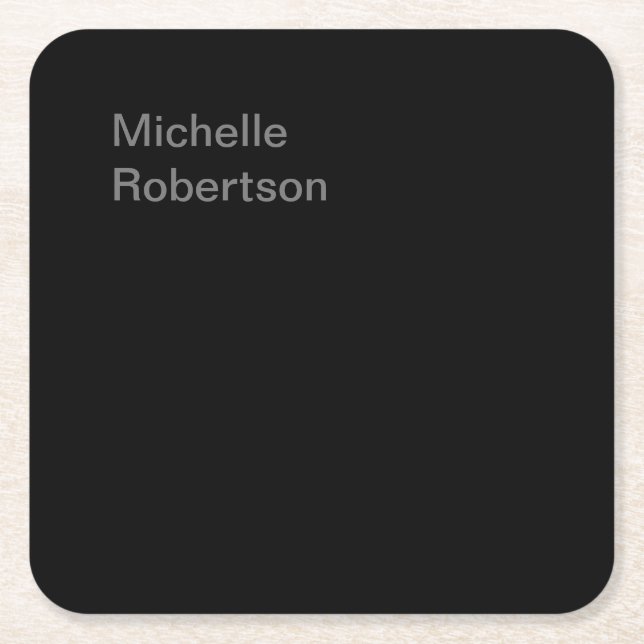Black Plain Minimalist Add Own Name Square Paper Coaster (Front)