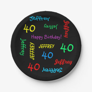 Black Plates, 40th Birthday Party, Repeating Names Paper Plate