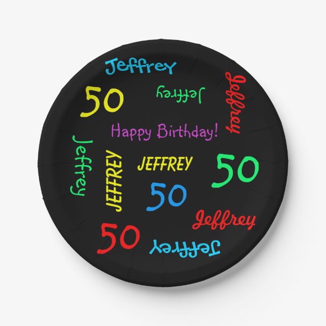 Black Plates, 50th Birthday Party, Repeating Names Paper Plate (Front)