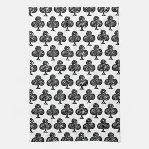 Black Playing Card Symbol Club Shape Lino Cut Tea Towel