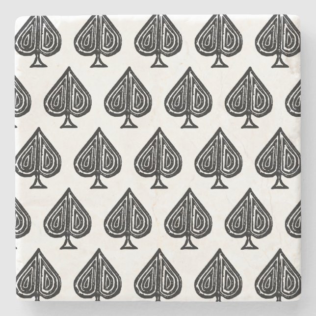 Black Playing Card Symbol Spades Shape Lino Cut Stone Coaster (Front)