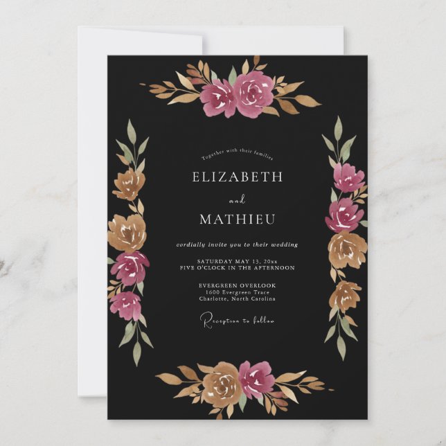 Black Plum Petal Wedding Invitation (Front)
