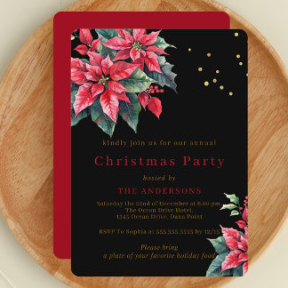 Black Poinsettia flower Christmas party Invitation