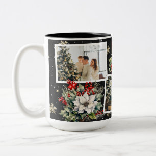 Black Poinsettia Holly Berries Photo Christmas Two-Tone Coffee Mug