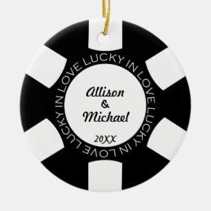 Black poker chip lucky in love couple photo vegas ceramic ornament