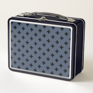 Black polka crosses on blue-grey metal lunch box