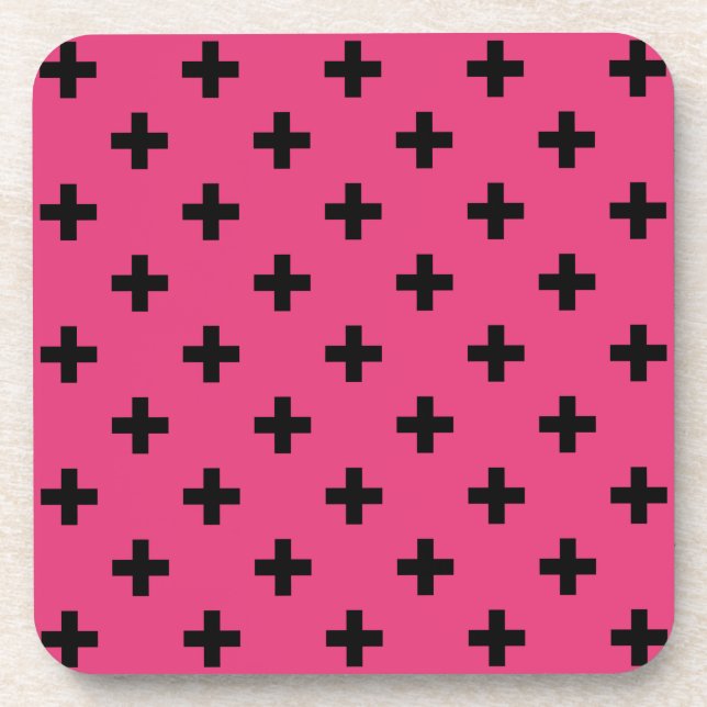 Black polka crosses on fuchsia coaster (Front)