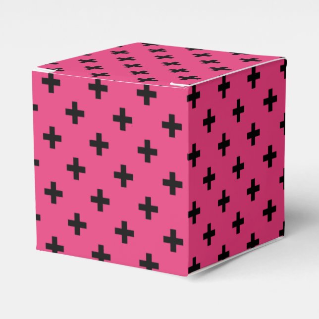 Black polka crosses on fuchsia favour box (Front Side)