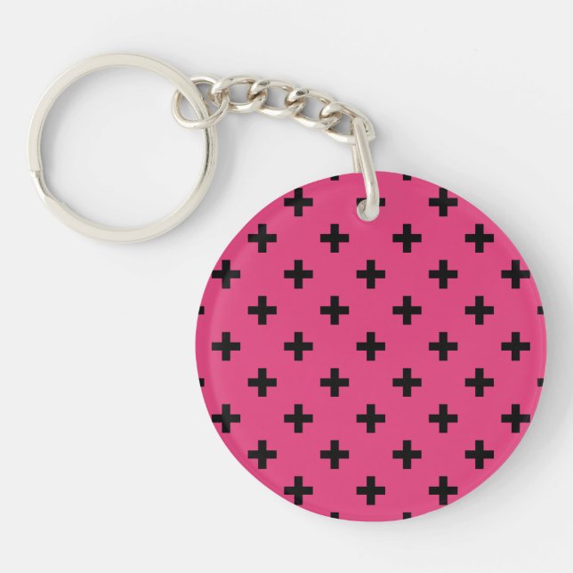Black polka crosses on fuchsia key ring (Front)