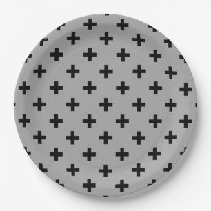 Black polka crosses on grey paper plate