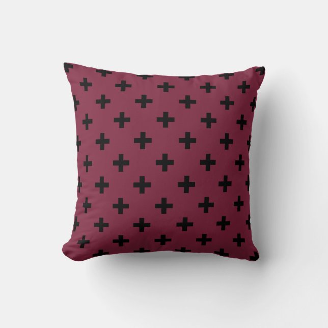 Black polka crosses on mulberry cushion (Front)