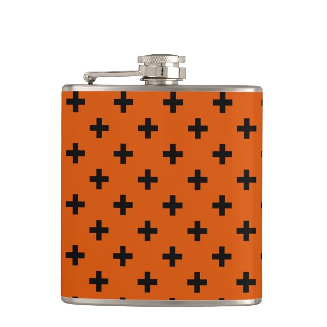 Black polka crosses on orange hip flask (Front)