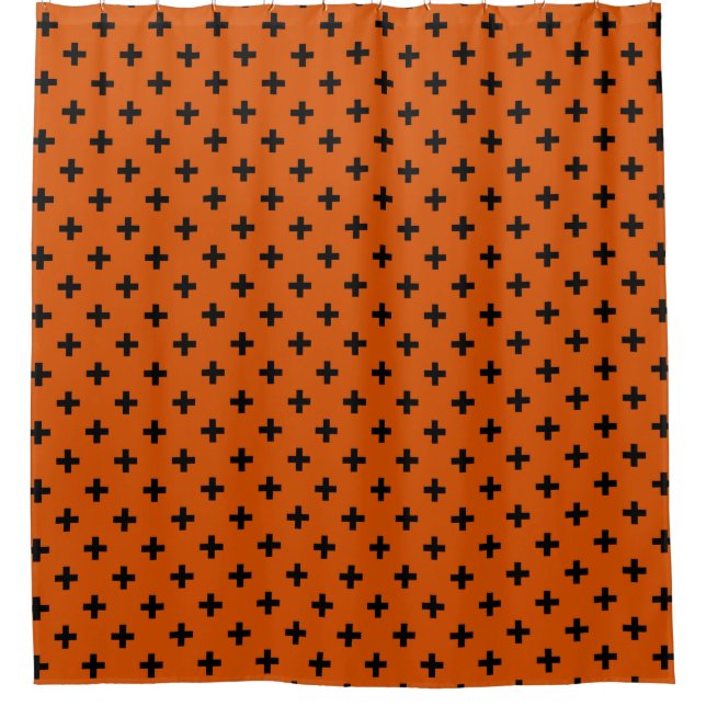 Black polka crosses on orange shower curtain (Front)