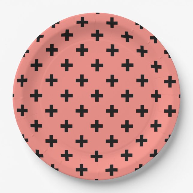 Black polka crosses on peach paper plate (Front)