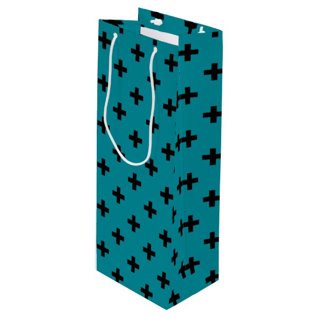 Black polka crosses on teal wine gift bag (Front Angled)