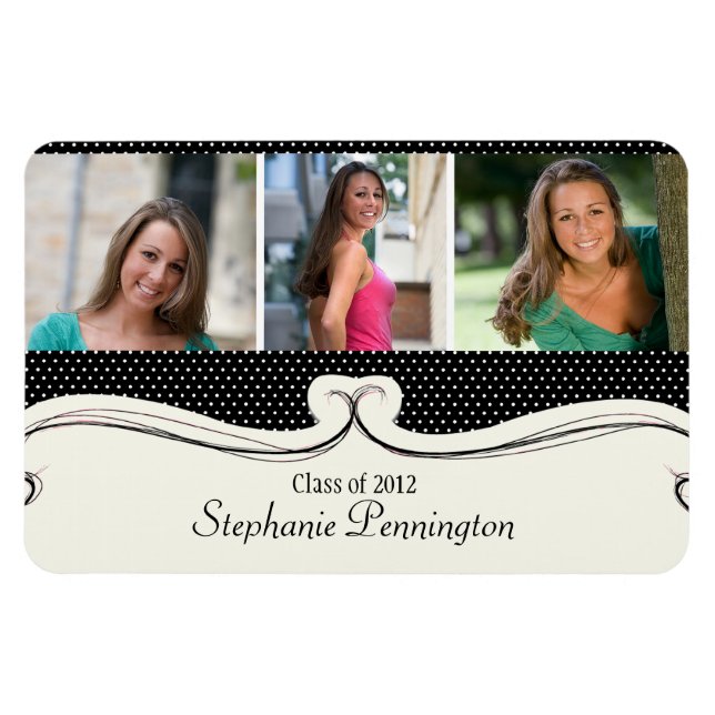 Black polka dot 3 photo custom graduation magnet (Horizontal)
