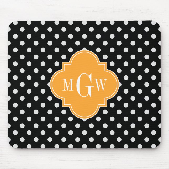 Black Polka Dot Cantaloupe Quatrefoil 3 Monogram Mouse Pad (Front)