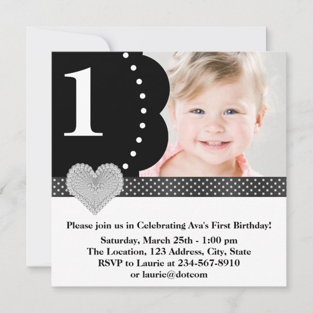 Black Polka Dot Girls Photo 1st Birthday Party Invitation (Front)