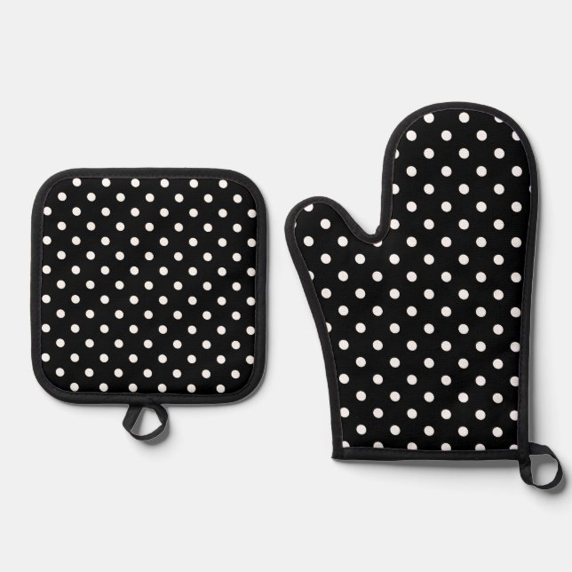 Black Polka Dot Oven Mitt & Pot Holder Set (Front)
