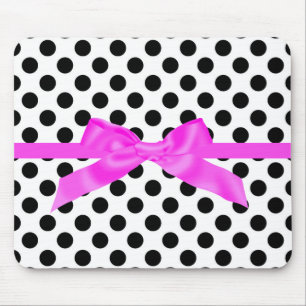 BLACK POLKA DOT PINK BOW MOUSE PAD