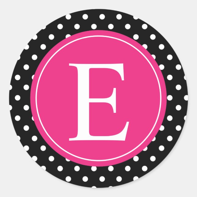 Black Polka Dot Pink Monogram Classic Round Sticker (Front)