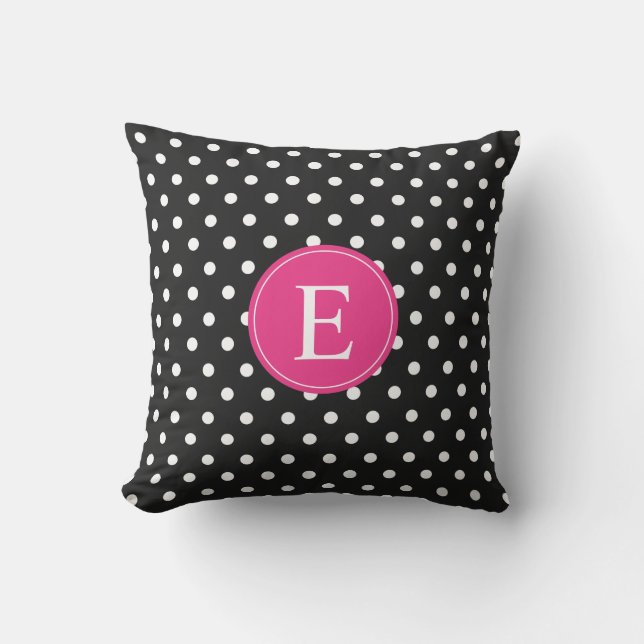 Black Polka Dot Pink Monogram Cushion (Front)
