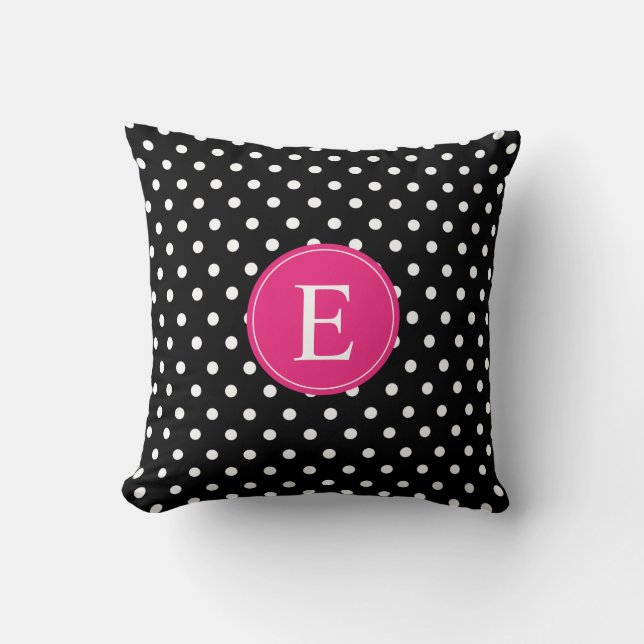 Black Polka Dot Pink Monogram Cushion (Front)