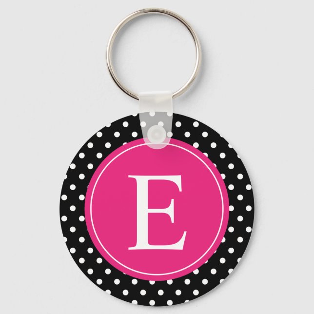 Black Polka Dot Pink Monogram Key Ring (Front)