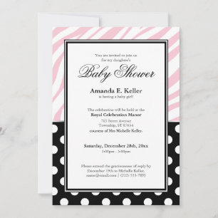 Black Polka Dot Pink Zebra Print Baby Shower Invitation